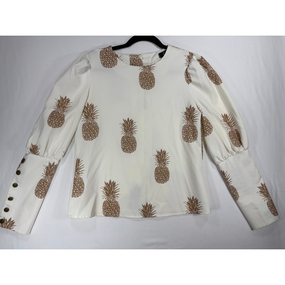 CBR Pineapple Print Blouse Women S White Excellent Puff Sleeve Button Back Top